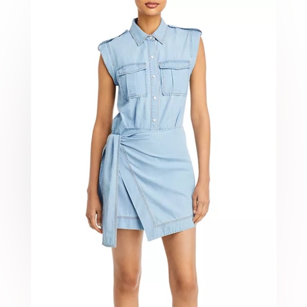 Derek Lam 10 Crosby Giselle Tie‑Front Cargo Mini Dress Light Wash Denim 6 NWT